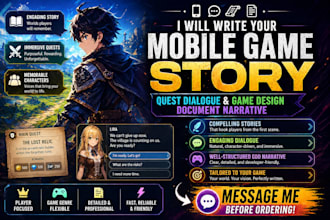 write mobile game script story, quest dialogue, and game design story narratives