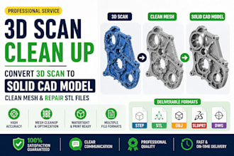 convert 3d scan to solid cad model, clean mesh and repair stl, obj files