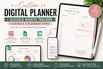 design custom digital planner, google sheets tracker and calendar sync