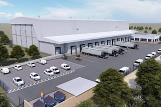 construct 3d logistic warehouse,industrial park space,site plan retail exterior