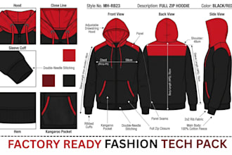create clothing tech pack, fashion apparel, technical sketch, and tech pack