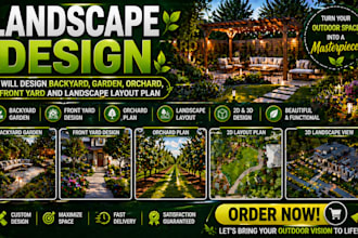 create modern landscape design for backyard, front yard, garden and orchard
