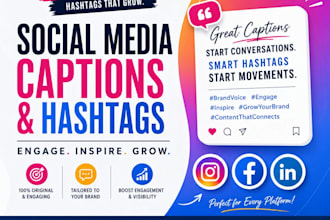 write 30 engaging social media captions with hashtags