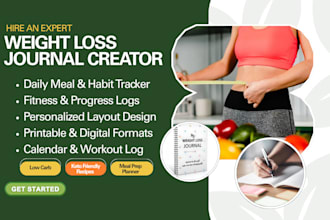design weight loss journal, carlendar, workout log, fitness and meal planner