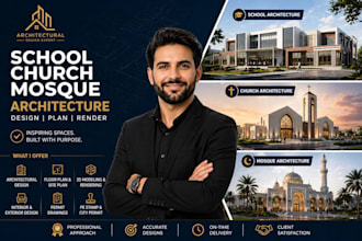 design school, church, and mosque architectural plans with 3d rendering