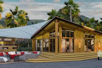do 3d bamboo house design, bamboo cabana, bamboo airbnb design