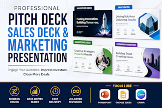 design sales pitch deck, marketing presentation, investor pitch with powerpoint