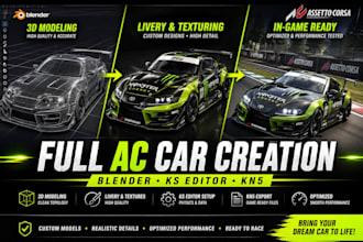 model 3d assetto corsa car in blender, ks editor for physics setup, kn5 file,liv