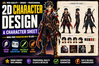 design high quallty 2d character design and character sheet, draw