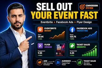run eventbrite promotion, facebook event ads, design event flyers to boost sales