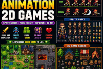 do pixel art animation, 2d games, sprite sheet, pixel tileset  top down, 2d art