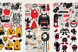 create custom hand drawn doodle illustration, whimsical doodle art, icons,