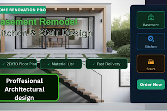 create basement remodel and kitchen furnishing layout with custom stair design