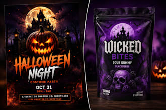design halloween flyer, party poster, halloween package and label design