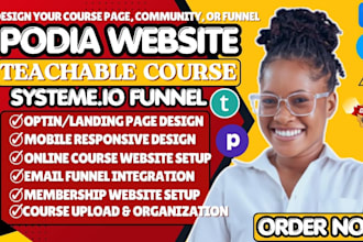 build podia course website, teachable course setup, systeme io sales funnel