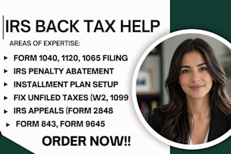 prepare overdue taxes form 1040, 1120s, 941, submit irs penalty ease form 843