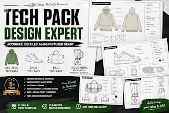 create professional clothing, shoe, bag and product tech packs for manufacturing