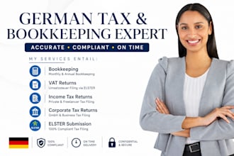 do german bookeeping, income tax, vat, corporate tax return filings, via elster