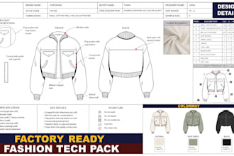create jacket puffer denim tech packs with cad flat sketches for manufacturing