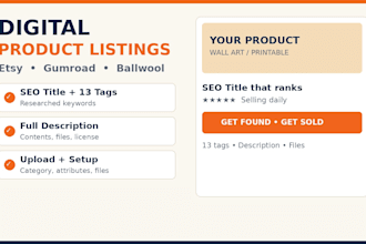 upload your digital products on etsy gumroad and ballwool with SEO