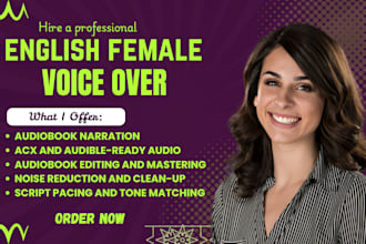 record american female voice over, acx audiobook narration, character voiceover