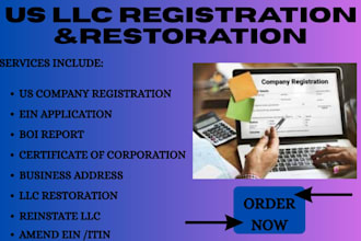 do US llc registration, set up ein, boi report, restore US llc, US bank creation