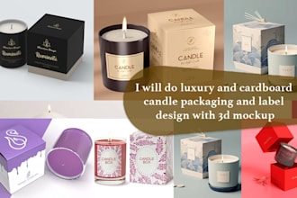 do luxury and cardboard candle packaging and label design with 3d mockup