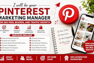 be your pinterest marketing manager for SEO pins boards and traffic growth