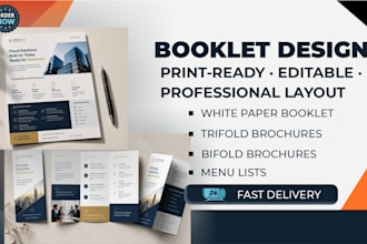 design white paper booklet, trifold bifold sell sheet, menu lists, annual report