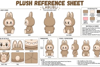 do detailed plush reference sheet plushie design for sewing