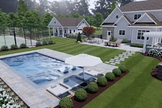 do 3d backyard landscape design with pool, patio, garden design and 3d rendering