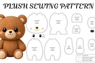design custom plush sewing pattern blueprint template stuffed animal toy design