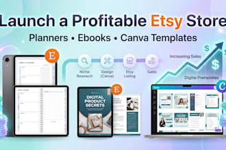 set up etsy store design printable planner, ebook canva templates sales on etsy