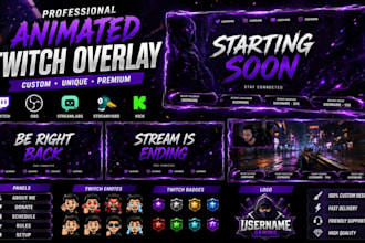 design custom twitch overlay, twitch logo, panel, screen, alerts obs streamyard