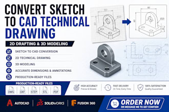 convert sketch to cad technical drawing, 2d drafting and 3d modeling