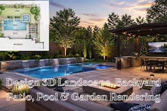 design 2d landscape, backyard patio, pool and garden 3d rendering architect