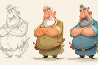 sketch, outline and color cartoon illustrations