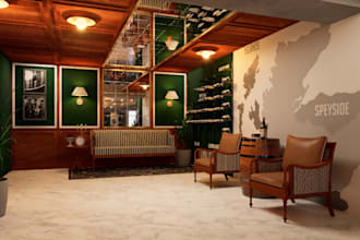 design home, cafe or office with 2d layout and 3d renders
