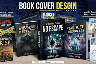 create thriller, mystery, romance fantasy, horror cozy, scifi book cover designs