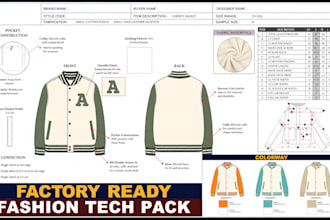 create bomber varsity jacket tech pack with cad flat sketch for manufacturing