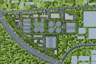 create wastewater treatment space, filtration plant, render farm house site plan