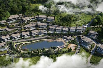 skp 3d real estate development, hillside mansion render, masterplan aerial view