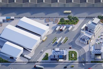 3d industrial retail,site plan view,warehouse space layout,exterior walkthrough