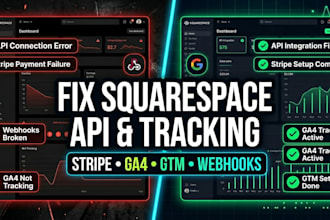 build and fix squarespace website with API integration, ga4 gtm and stripe setup