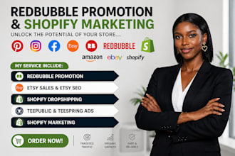 do shopify marketing, redbubble, spreadshirt, etsy, teepublic, amazon promotion