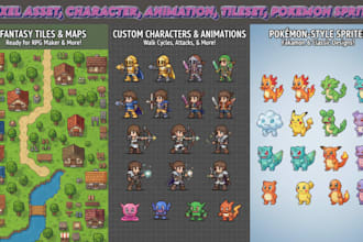 do pixel art assets, character, tileset, animation, sprite sheet, pokemon sprite
