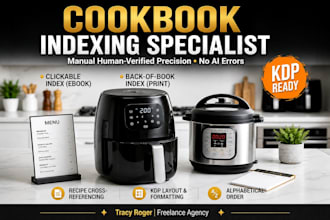 provide professional cookbook indexing and formatting for KDP
