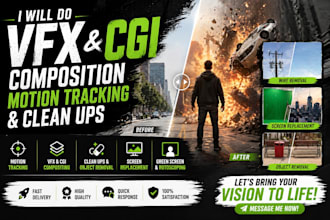 do vfx and cgi composition, motion tracking and clean ups