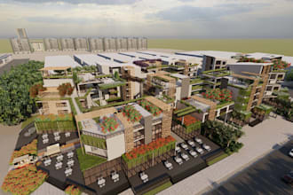 3d mixed use development, communal spaces, urban park, tropical resort rendering