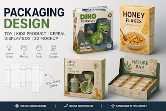 design toy packaging, kids product, cereal, display box packaging, dieline cut